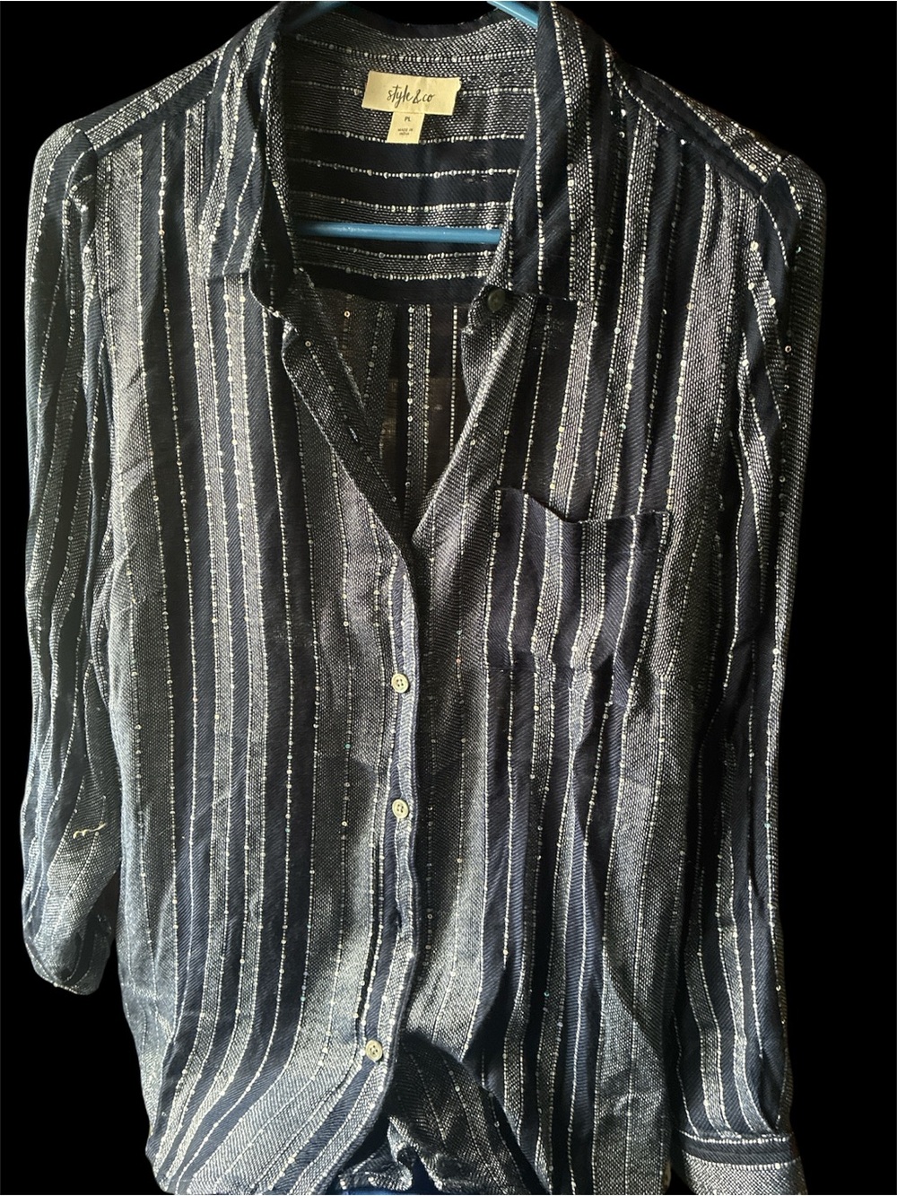 Macy’s Style & Co.WOMENS size PL Navy Metallic-Striped Button Front Blouse